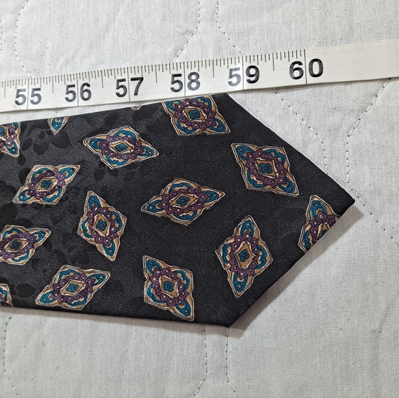 Brandon 💯 Silk Designer Necktie 3.75"x61" Extra Long Black/Turq/Purple Diamonds - Picture 9 of 9